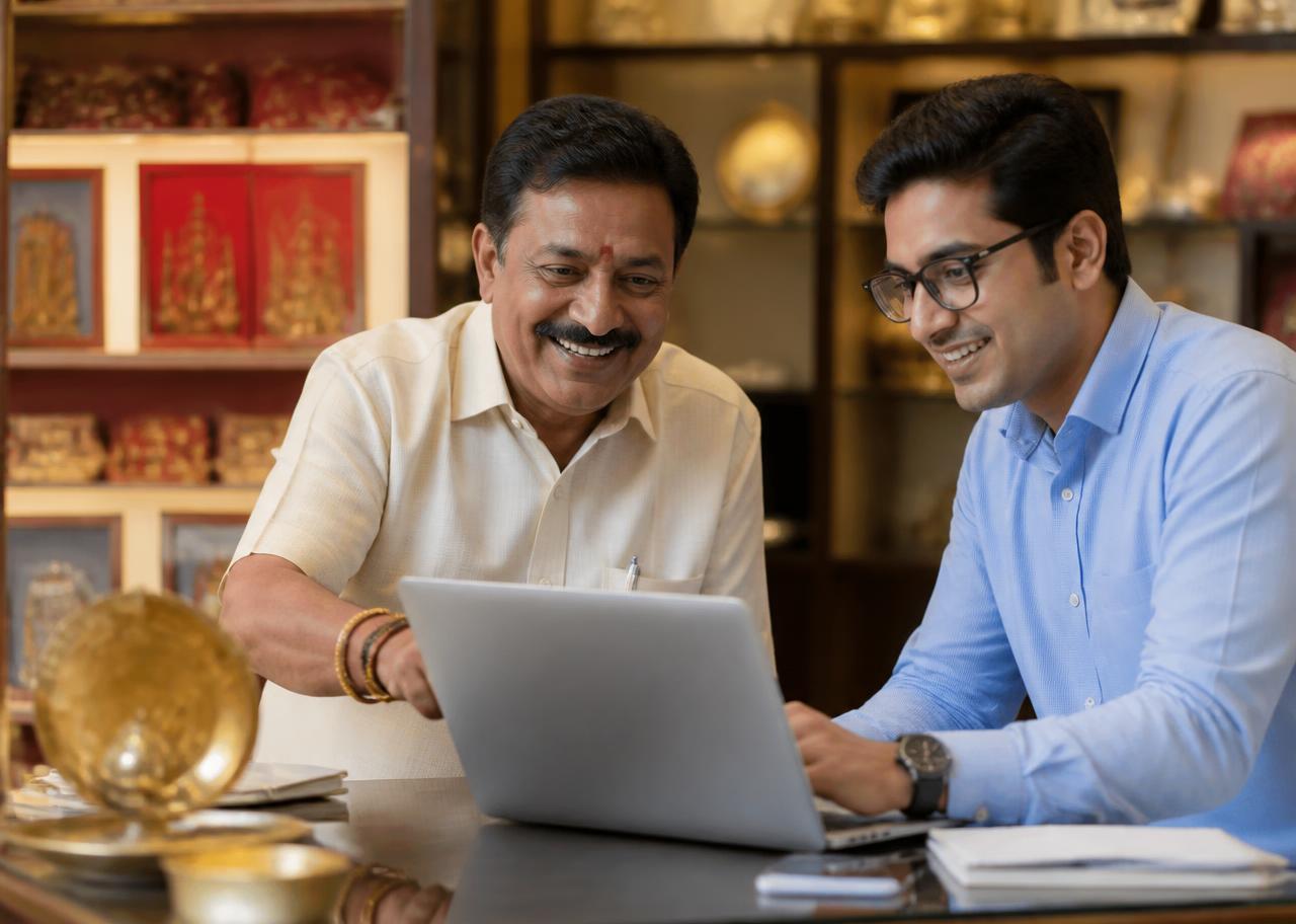An Indian business owner reviewing their digital presence with a marketing consultant
